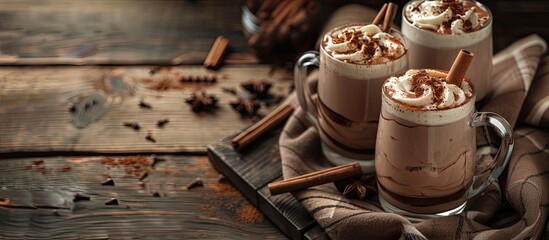 Canvas Print - Chilled cocoa drink served with cold milk, perfect for cozying up with. Add a flair with a sprinkle of cinnamon before enjoying. Ideal for menus and promotional copy space image.