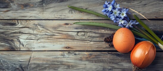 Aufkleber - Naturally dyed Easter egg using onion skins placed with hyacinth flower on wooden background with copy space image.