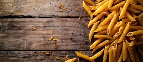 Poster - Close-up photo of vibrant uncooked penne pasta on a wooden table creates a textured Italian food background, perfect for text insertion in the image. Copy space image