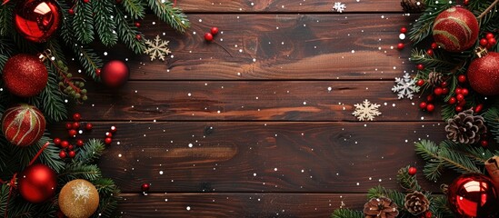 Poster - Festive Christmas and New Year background with lovely decorations on a wooden backdrop with copy space image.