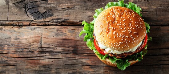 Poster - Grilled tuna burger with lettuce and mayonnaise on wooden table, accompanied by copy space image.