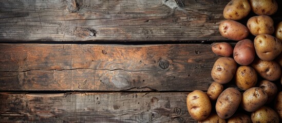 Brown washed potatoes arranged on a wooden surface with copy space image.