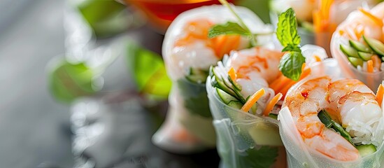 Wall Mural - Delicious spring rolls featuring a combination of shrimp and avocado, with a stylish presentation showcasing copy space image.