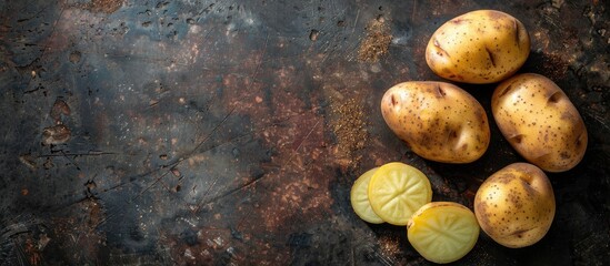 Three sliced and whole Vitelotte potatoes on a dark rustic background with space for text, copy space image.