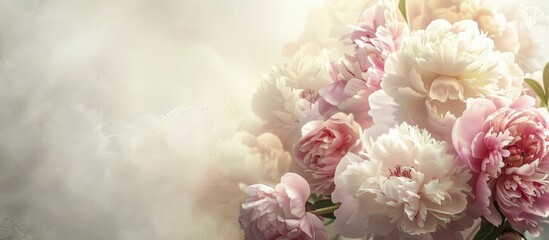 Fototapete - A greeting card design featuring a beautiful bouquet of peonies with ample copy space image for text.
