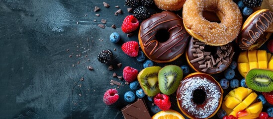 Display of delectable fruit and chocolate donuts, with copy space image.