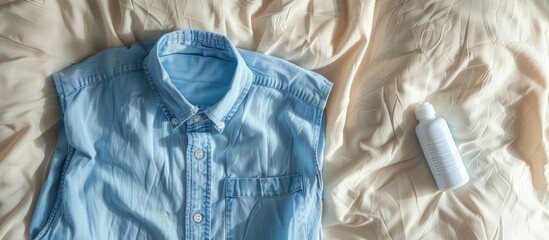 Poster - Top view of a blue shirt on a bed next to male stick deodorant, suitable for text placement with copy space image.