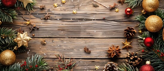 Poster - A Christmas card displaying festive decorations with a white empty space for your message set against a wooden backdrop. Copy space image. Place for adding text and design