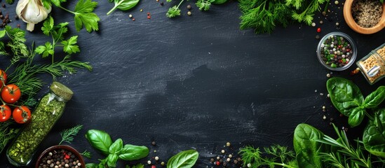 Poster - A black chalkboard with a frame of spinach, dill, parsley, various spices, condiments, and a dark style is set up for a copy space image.