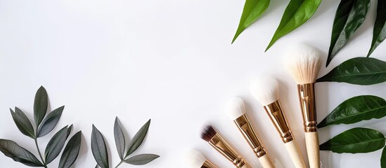 Poster - Golden makeup brushes for woman's beauty on a white background, featuring pastel colors with a copy space image.
