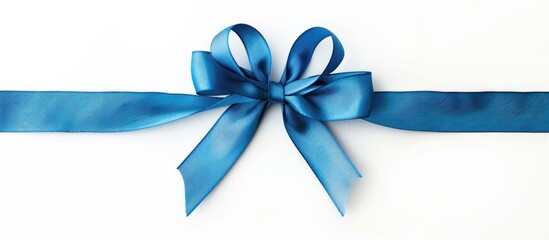 Poster - Close-up top view shot of a solitary horizontal blue ribbon with a bow set against a white background, perfect for embellishing gift boxes or greeting cards, featuring ample copy space image.