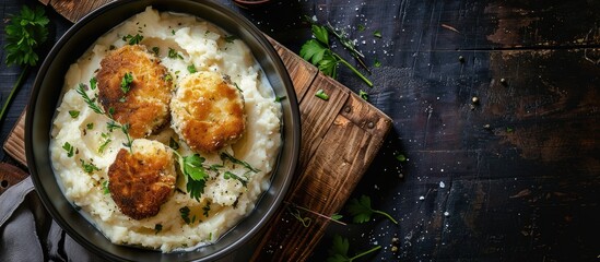 Poster - A bowl of mashed potatoes and cutlet on a wooden board with a dark rustic background, shown from above with a flat lay perspective, providing copy space image.