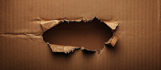 Aufkleber - Cardboard box showing damage with a hole on the surface for a copy space image.