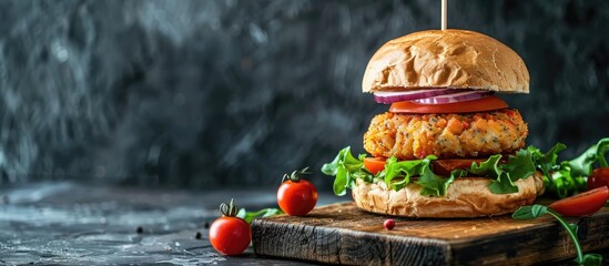 Poster - Burger with fish patty on a rustic wooden board, with ample copy space image.