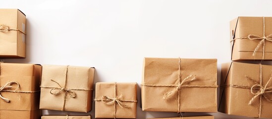 Poster - Box of brown paper parcels prepared for shipment, isolated on a white background with visible copy space image.