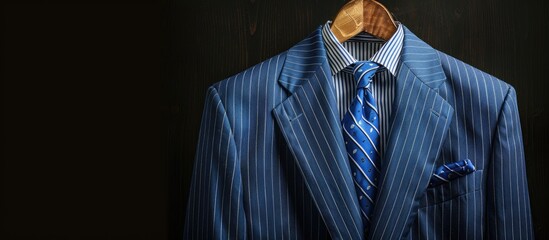 Poster - Blue striped suit, shirt, and tie on a wooden hanger against a black background with copy space image.
