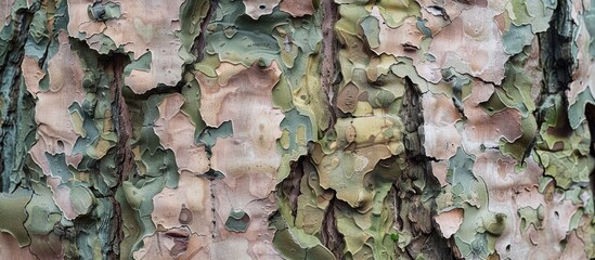 Aufkleber - Close-up of tree bark with a camouflage pattern, creating an interesting visual with copy space image.