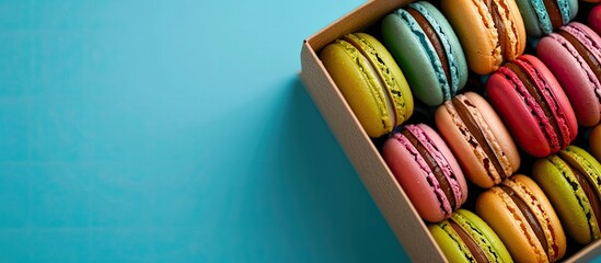 Poster - A cardboard box filled with vibrant macaron cookies against a copy space image.