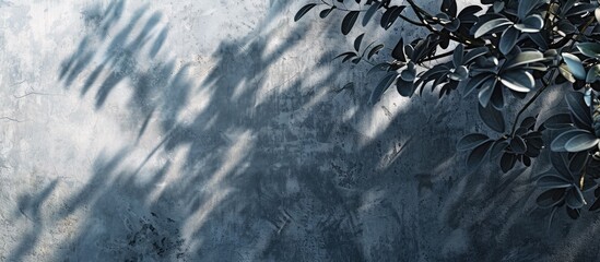 Poster - Blurry shadow of a leafy tree against a gray wall background with empty copy space image.
