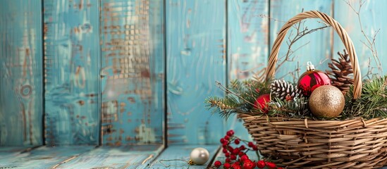 Aufkleber - Festive shopping basket with Christmas items like gifts, decorations, and ornaments on a rustic blue wooden backdrop, ideal for a holiday-themed copy space image.