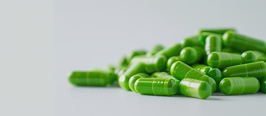 Wall Mural - Green medicine pills or capsules on a white background provide ample copy space in the image for a drug prescription used for treatment containing antibiotics in a container for health purposes.