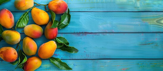 Wall Mural - Free copy space image of a mango arranged artistically on a top view of a blue wooden background.