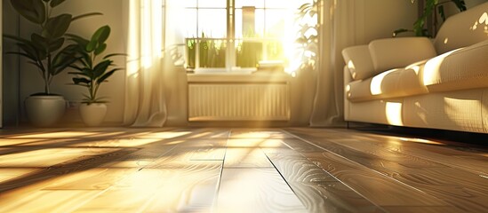 Poster - An apartment living room featuring a light brown wooden floor with copy space image.