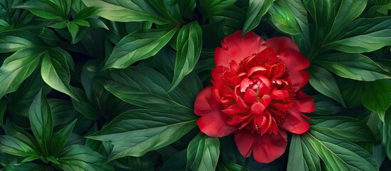 Poster - Top view of a red peony in bloom amidst lush greenery, ideal for a postcard design featuring copy space and perfect for occasions like Mother's Day and Women's Day in the vibrant spring garden