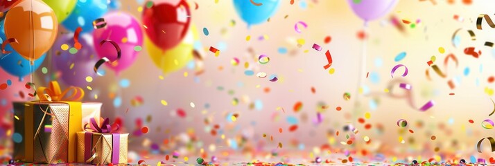 Aufkleber - A celebratory scene with bright balloons, confetti, and presents, perfect for childrens stores, event planners, and photo studios. Generative AI