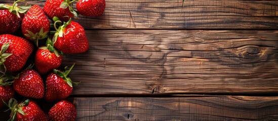 Leinwandbilder - Juicy strawberries on a rustic wooden table with a blank area for adding text or images, known as a copy space image.