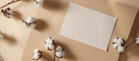 Leinwandbilder - Eco-friendly business card mockup on beige backdrop with cotton branch. Recyclable concept in high-quality photo with ample copy space image.
