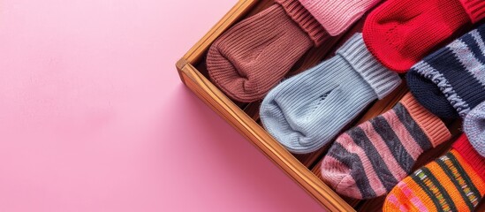 Poster - Wooden box with a variety of socks arranged neatly on a pink backdrop creating an attractive copy space image.
