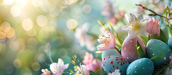 Fototapete - Beautiful Easter-themed image with colorful Easter eggs and lovely spring flowers, perfect for a copy space image.
