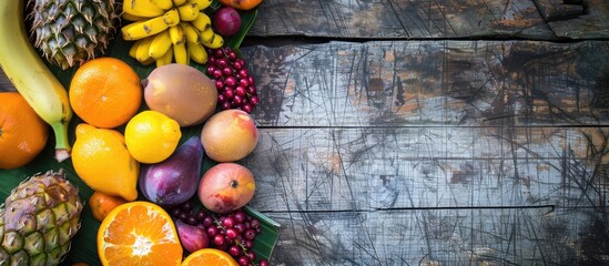 Poster - Top view of various Asian summer fruits like mangosteen, banana, and orange displayed on a wooden background with copy space image.