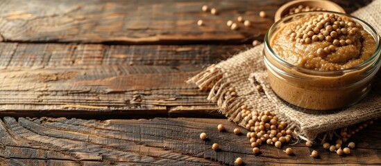 Fototapete - White wooden table with a jar of whole grain mustard, providing copy space image.