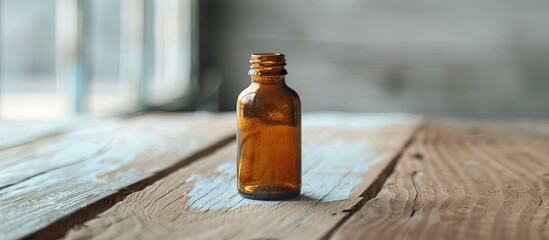 Wall Mural - Medical drops bottle on a white wooden surface with a blurred background providing ample copy space image.