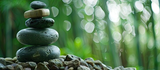 Aufkleber - Bamboo stick straw mat balanced by stones stacked with a bamboo grove in the background; perfect for copy space image.