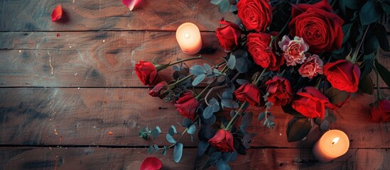 Aufkleber - Valentine's Day-themed flowers arranged on a rustic wooden desk with a romantic ambiance and copy space image.