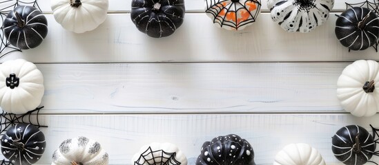 Poster - A Halloween-themed frame featuring black and white patterned pumpkins and spider web decorations arranged on a white wooden background, providing ample copy space image.