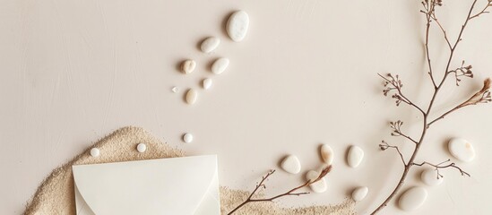 Poster - Banner photo featuring a branding mockup template adorned with natural elements like a dry tree branch, white stones, and an envelope, creating a trendy design with plenty of copy space image in the