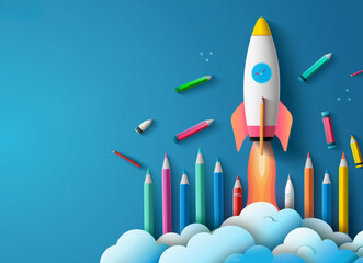 Wall Mural - 3D Cartoon Rocket with School Supplies and Back to School Text