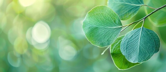 Sticker - A close-up image of a green leaf against a blurred garden background with copy space image, evoking a fresh and ecological wallpaper concept. Green Eucalyptus in focus.