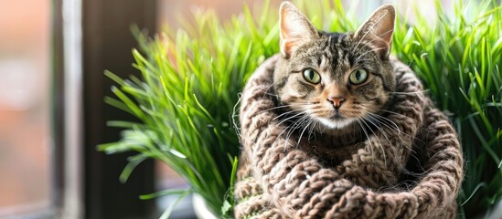 Poster - Taking care of a range of cat food beside a potted plant with lush green grass, all adorned by a scarf, against a plain background providing copy space image.