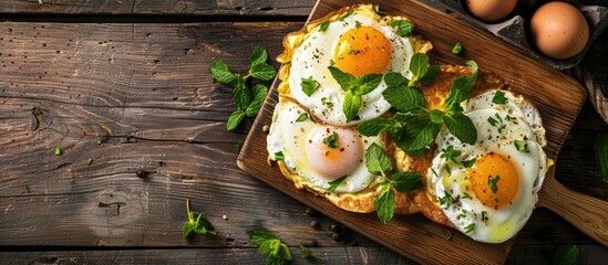 Poster - A rustic omelette made from organic ingredients like eggs, mozzarella, and mint, beautifully presented on a wooden cutting board with copy space image.