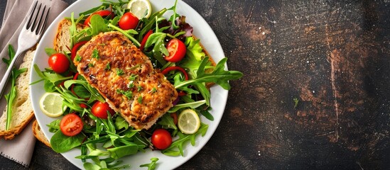 Poster - Healthy meal option of chicken meatloaf paired with a fresh salad and toast, perfect for lunch or dinner, with a blank area in the image for text or graphics. Copy space image