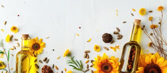 Poster - Cooking oil bottles, sunflowers, and seeds displayed on a white table with copy space image.