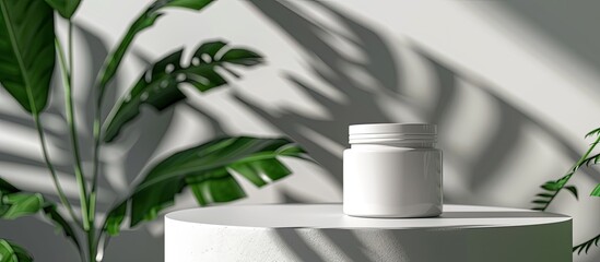 Aufkleber - Product identity is highlighted in a stylish white cream jar mockup on a white table against a white-gray backdrop, accompanied by tropical green leaves creating hard shadows for a visually appealing