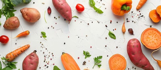 Poster - Various sweet potatoes arranged individually on a white backdrop, with other whole vegetables and fruits visible, perfect for an ad banner or organic food packaging with copy space image available.