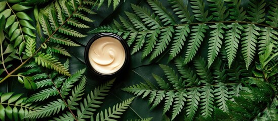 Sticker - Top view of under-eye patches jar on lush green fern leaves with copy space image, a cosmetic product.