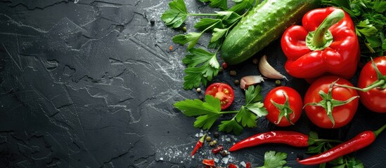 Poster - Fresh vegetables like tomatoes, peppers, cucumbers, parsley, and chili arranged with copy space image.